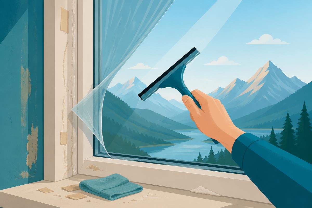 Illustration: Schutzfolie wird vom Fensterrahmen gelöst, Scheibe wird streifenfrei abgezogen