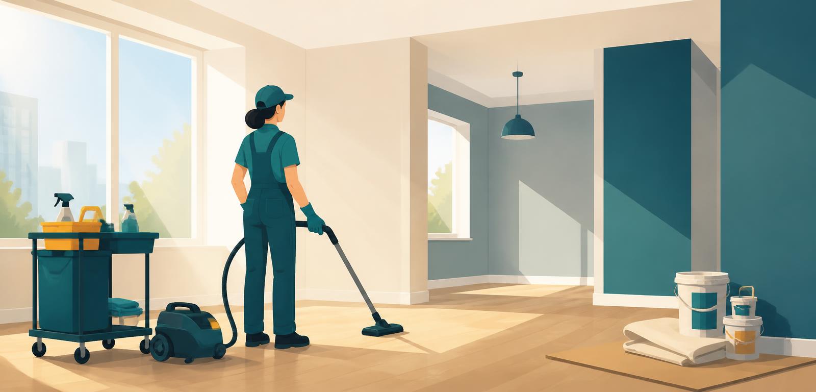 Illustration: frisch renovierter Raum wird vor der Übergabe gereinigt