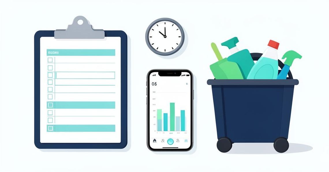 Checkliste, Uhr und Smartphone mit Zeiterfassung neben Reinigungswagen